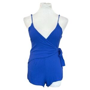 Akaiv Royal Blue Side Tie V-Neck Plunging Back Strappy Wrap Romper - Size Small